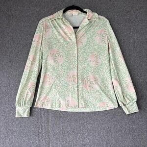 Vintage 70s Nikki Women Green Pink Botanical Floral Button Up Blouse Size‎ 10
